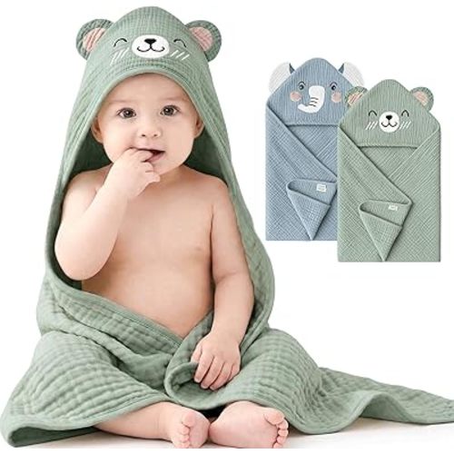 Konssy 2-Pack Muslin Baby Hooded Towels, 100% Cotton, Soft and Absorbent Baby Bath Towels for Newborn, Infant & Toddler with Animal Hooded Design(Elephant & Bear)