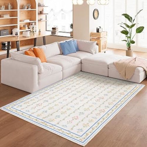 5x8 Area Rugs, Floral Washable Area Rug with Low Pile, Non-Slip Boho Vintage Area Rugs for Living Room, Bedroom, Kids Playroom & Entry
