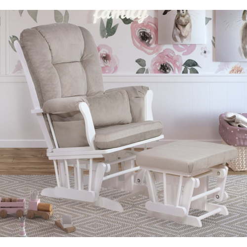 AFG Alice Glider Chair & Ottoman with Pillow, White Finish with Gray Cushions