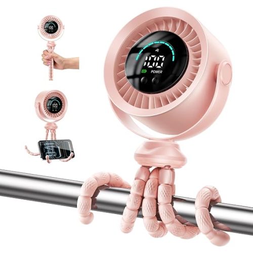 KIMMOO Portable Baby Stroller Fan, 360° Adjustable Quiet Rechargeable USB Fan with LED Display, 100 Speeds Safe Clip Fan for Stroller, Powerful Cooling Fan for Golf Car Seat Treadmill Travel, Pink
