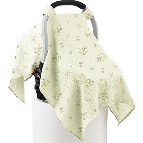 100% Muslin Cotton Car Seat Cover Baby, Carseat Canopy Cover, Universal Fit Stroller Covers for Boys and Girls (Green Beige Leaf)