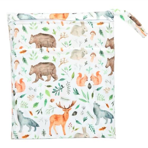 Wet Dry Bag Baby Cloth Diaper NappyReusable Washable With Two Zippered Pockets (Watercolour Animals)