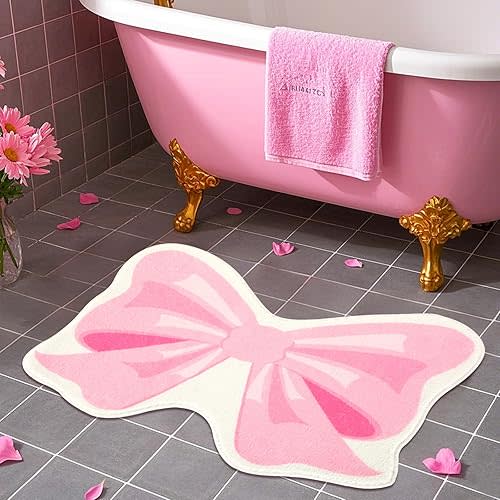 FEBSNOW Pink Bow Bathmat Rugs, Non Slip Coquette Bow Cute Aesthetic Carpet, Cute Room Decor Coquette Rug for Bathroom Bathtub Shower Bedroom and Living Room（27.6 x 21.3 inch）