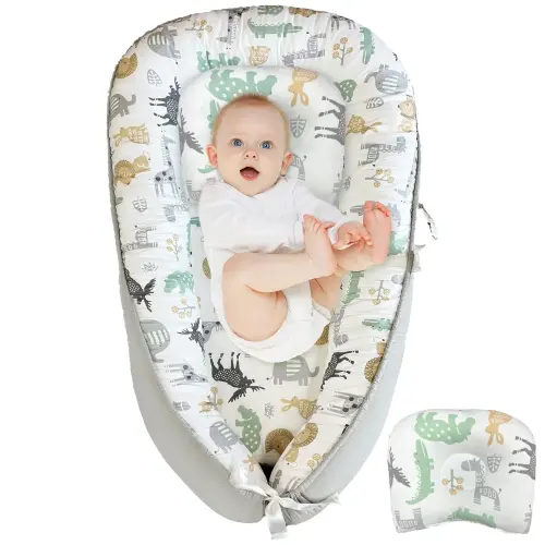 JIFTOK Baby Nests Lounger for Newborn, Snuggle Sleeping Bassinet for 0-24M, Breathable Portable Co Sleeping Bed, Baby Essentials Adjustable Infant Soft Cotton Loungers for Home & Travel -Zoo