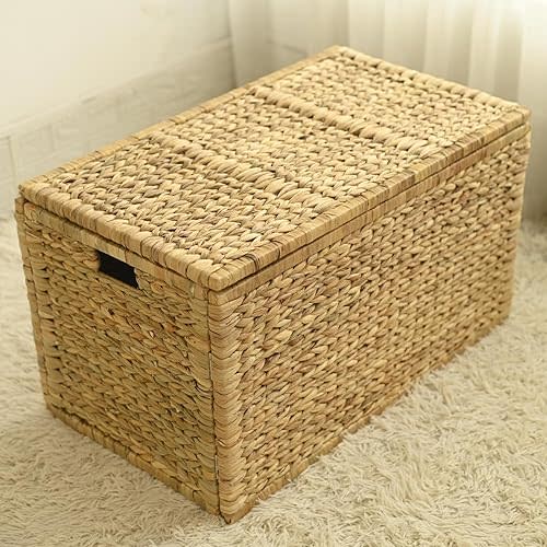 Wicker Storage Trunk,Seagrass Trunk Organizer With Removable Lid Without Hinges, Woven Toy Chest Storage Extra Large, Hyacinth Ottoman Coffee Table for Livingroom, Large Blanket Storage Basket