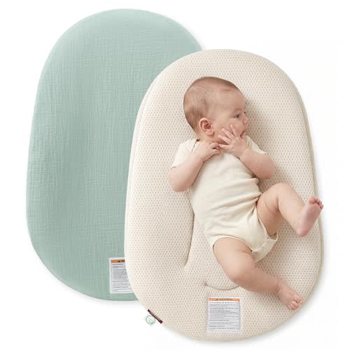 Momcozy Baby Lounger, Breathable Cotton Infant Support Cushion, Mint Green | Infant Support Cushion with Cotton Cover, Great for Newborns, Portable & Machine Washable