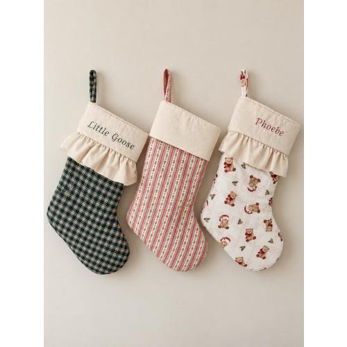 Handmade embroidered personalized christmas stockings with embroidery, ruffle cuffs, and fabric options
