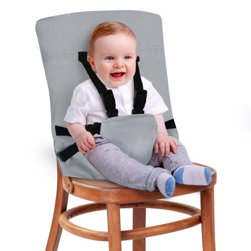 Portable Cloth High Chair By Baby Pick- Foldable High Chair For Travel With Adjustable Shoulder Straps- Compact Harness Seat For Babies & Toddlers- Easy To Use Washable Feeding Safety Seat- Grey