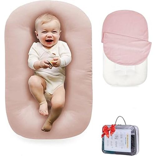 Baby Lounger 0-24 Months 100% Cotton-Snuggle Cozy Me Lounger,Soft & Breathable Tummy Time Mat for Newborn Infant Play Mat,Babies Essentials Gifts,Pink(Lounger Cover Included)