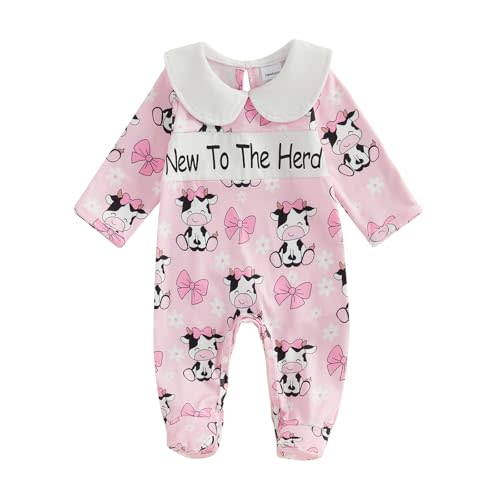 allshope Infant Baby Girl Fall Outfit Sweatshirt Romper Footies Doll Collar Boots Cow Print Jumpsuit Newborn Winter Clothes