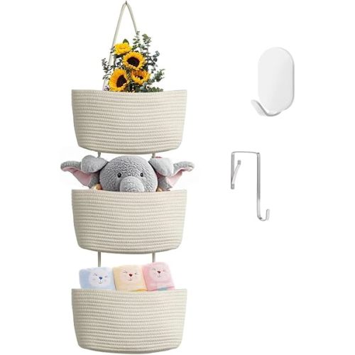 Hanging Baskets for Organizing,Over the Door Organizers and Storage,3-Tier Woven Cotton Wall-Mounted Storage Organizer Bag Decorative,Kitchen,Living Room,Bathroom,Bedroom,White