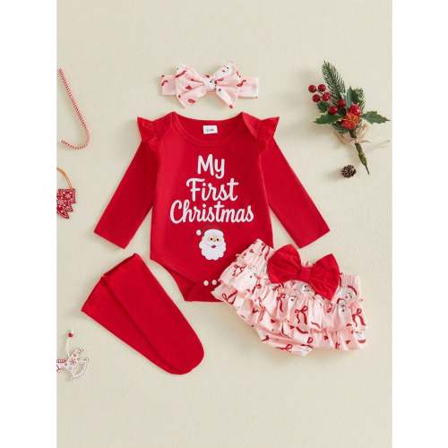 Baby Girls Christmas Outfits Adorable Letter Print Long Sleeve Jumpsuit And Skort Socks Headband Set