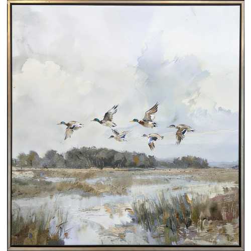 Flyway - Original Watercolor Giclee Canvas Print | Mallards in Flight | Duck Hunting Wall Art For Nursery or Boy's Room