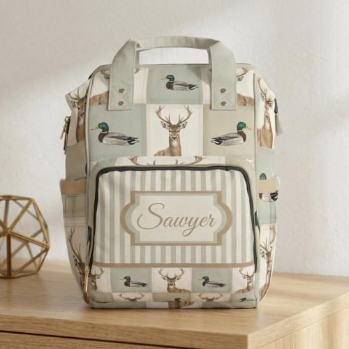 Personalized Rustic Deer and Mallard Duck Quilted Patchwork Diaper Backpack | Woodland Baby Bag