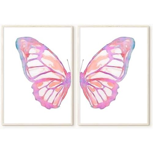 Split Butterfly Wall Art Pink Blue Aesthetic Poster Butterfly Watercolor Prints Trendy Preppy Poster Pink Blue Butterfly Wall Art Abstract Butterfly Painting Butterfly Wings Poster 16x24inx2 No Frame