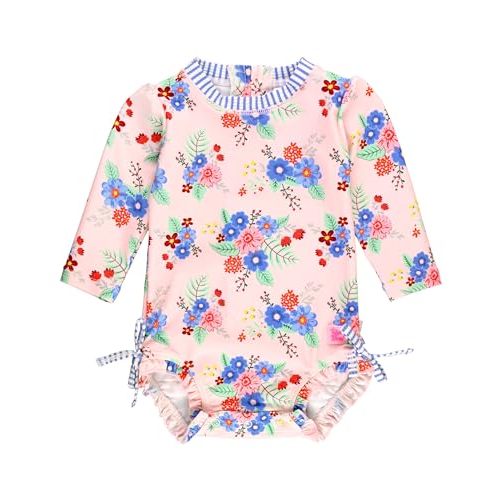 RuffleButts Baby Girls UPF 50+ Sun Protection Floral Printed Long Sleeve One Piece Rash Guard Swimsuit with Zipper