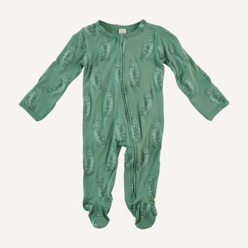 long sleeve two way zipper footie | green owl | bamboo – kate quinn