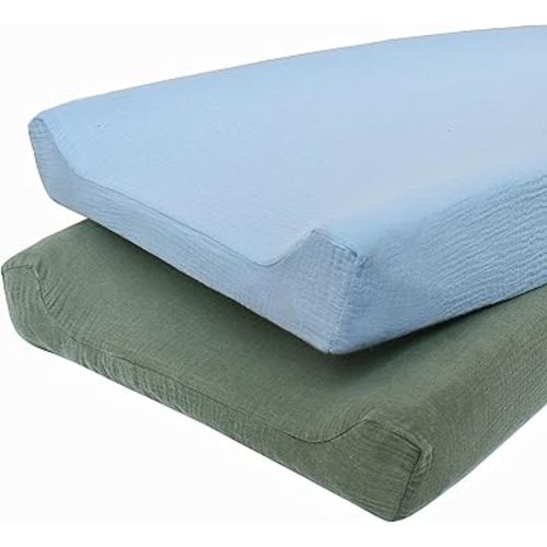 Owlowla Muslin Changing Pad Cover 2PACK,Soft Muslin Cotton Diaper Changing Pad Covers Changing Table Cover for Baby Boy Girl(Baby Blue&Olive)