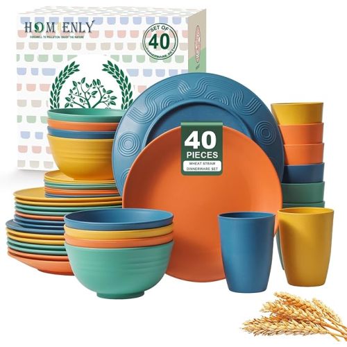 40-Piece Premium Wheat Straw Dinnerware Sets, Service for 8, Unbreakable Plates and Bowls Set - Cups Sets, Dinner Plates, Bowls for Kitchen,Dishwasher and Microwave Safe Dishes Set - Multi