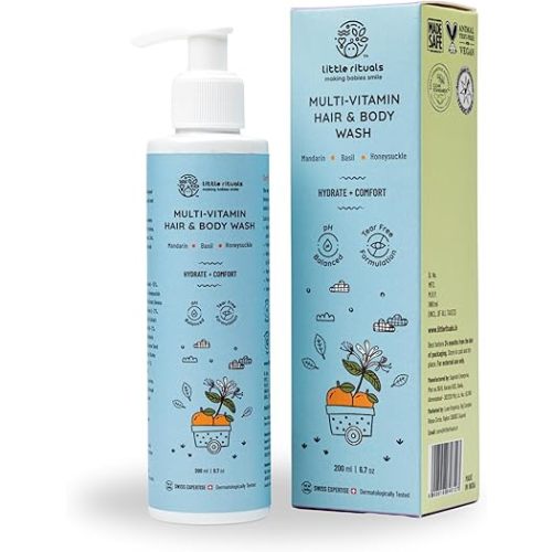 Little Rituals Baby Multi-Vitamin Body & Hair Wash - Tear Free + pH 5.5. Formulated with Best Plant Botanical - Honeysuckle, Basil, Mandarin. Natural, Organic, Dermat Tested(200ml)