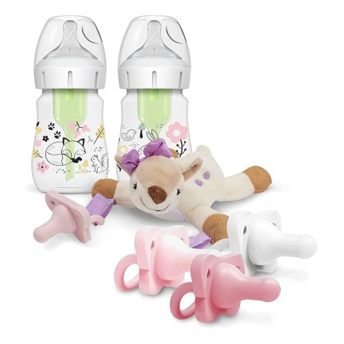 Dr. Brown’s Wide-Neck Baby Bottle Woodland Designer Bottles, 5 oz/150 mL, 2-Pack with HappyPaci Pacifiers and Lovey Holder, Deer