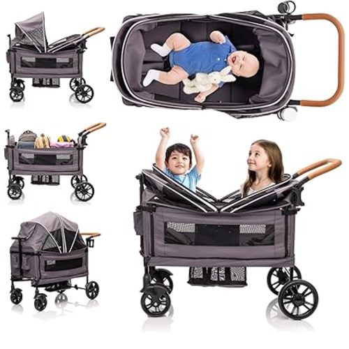 Stroller Wagon for 2 Kids- Lightweight Travel Folding Push Pull Baby Wagon for Newborn&Toddler with 5-Point Harness,Adjustable Canopy,Tray Table,Cup Holder,Storage Pocketsets (Grey)