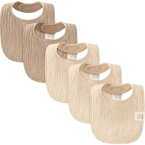 KeaBabies 5-Pack Muslin Baby Bibs for Drooling and Teething (Ecru)
