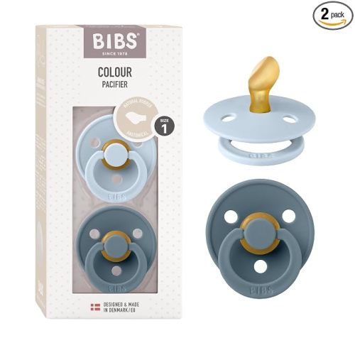 BIBS Pacifiers Colour Collection | Natural Rubber Baby Pacifier | Set of 2 BPA-Free Soothers | Made in Denmark | 0+ Months (Pack of 2) | Baby Blue/Petrol