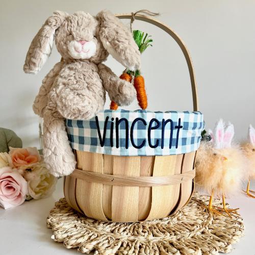 Embroidered Easter Basket, Custom Kids Easter Basket, Personalized Easter, Baby Boy First Easter Basket Liner, Denim Large Gingham, DF