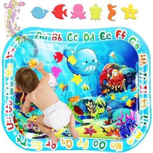 Large Baby Water Mat XXL 37.4"x29.9", Safe Inflatable Tummy Time Mat for Infants & Toddlers with Ocean Animals, ABC Letters, Water Pad Sensory Toy for Playtime & Early Education(Blue)