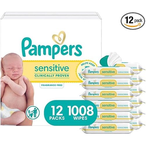 Pampers Sensitive Baby Wipes, Water Based, Hypoallergenic and Unscented, 8 Flip-Top Packs, 4 Refill Packs (1008 Wipes Total)