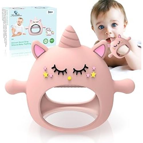 Teething Toys for Babies 6-12 Months, Tinabless Unicorn Never Drop Silicone Teether Designed for Babies 0-6 Months, Car Seat Toy for New Born, Natural Organic Baby Teether for Boys&Girls, Pink
