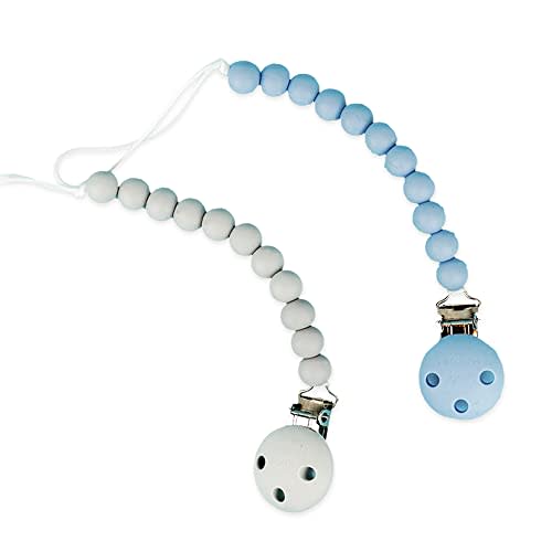 Kids Heroes Pacifier Clip, Blue and Grey, 2-Pack | BPA-Free Silicone, Stainless-Steel Clip, Multiple Textures