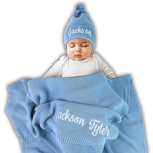 Personalized Baby Blanket, 100% GOTS Organic Certified, Customized Swaddle Blanket with Name, Receiving Blankets for Boys and Girls, Perfect Custom Gifts for Newborns, Kids and Baby Showers Blue