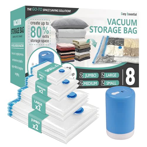 Cozy Essential Travel Vacuum Clothes Bags with Rechargeable Electric Pump for Luggage, Suitcase, Vacuum Seal Compression Space Saver Bags for Clothing, 8 Pack