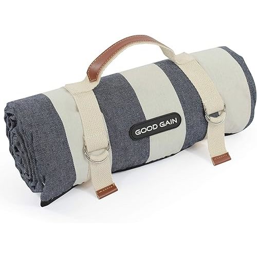 G GOOD GAIN Waterproof Picnic Blanket Portable with Carry Strap for Beach Mat or Family Outdoor Camping Party, Park Blanket for Grass Park, Hiking, Travel, Concerts (Denim Blue)