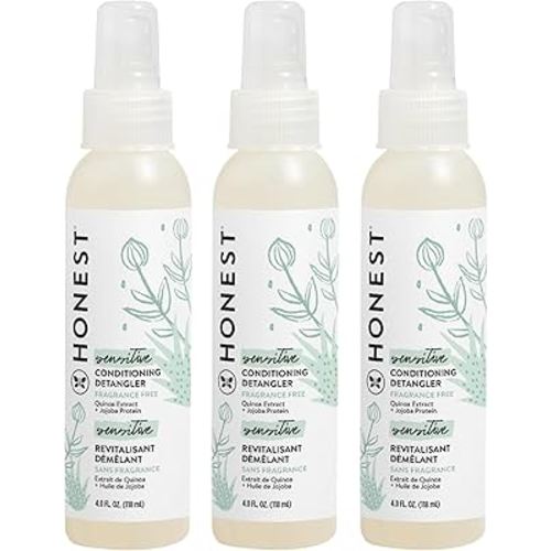 The Honest Company Fragrance-Free Conditioning Hair Detangler Tear-Free Hypoallergenic Leave-In Conditioner and Fortifying Spray for Sensitive Skin 4 fl oz (Pack of 3)