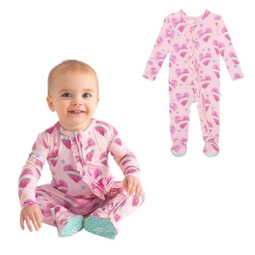 Posh Peanut Footie Pajamas for Baby Girls, Soft Viscose from Bamboo | Ruffle Bodice With 2-Way Zipper for Easy Access, Footed Grips, True To Size