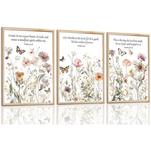 3Pcs Wldflower Bible Verse Wall Art Butterflies And Flowers Posters Prints Bible Verses Picture Painting For Nursery Living Room Bedroom Girls Room Home Decorations 16x24in Unframed