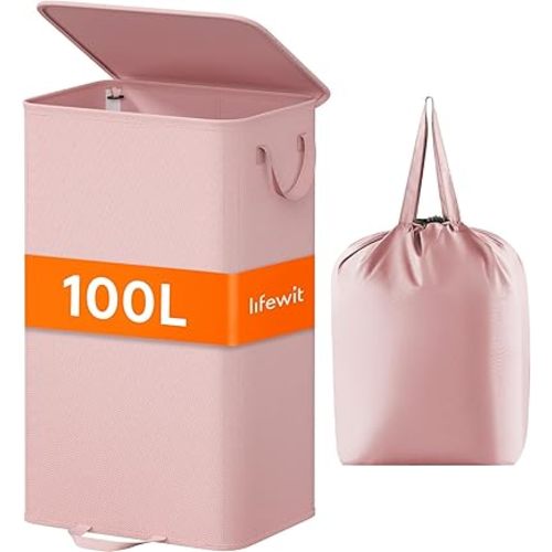 Lifewit Laundry Hamper with Lid and Removable Laundry Bag, Large Collapsible 1 Divider Dirty Clothes Basket with Handles for Bedroom, Laundry Room, Closet, Bathroom, College, 100L Pink