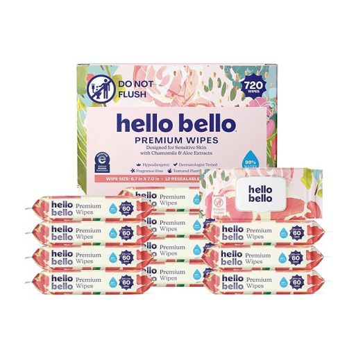 Hello Bello Premium Wipes, Designed for Sensitive Skin with Chamomile & Aloe Extracts, Simply Sage (12 Resealable Packets = 720 Total Wipes)