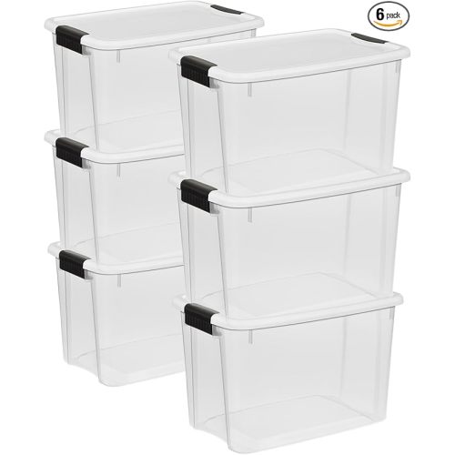 Sterilite 6-Pack 30 Quart Ultra Latch Box, Clear Storage Organizer Bins with Latching Lids - Stackable Plastic Containers for Home Organization in Garage, Attic, Basement, and Closet