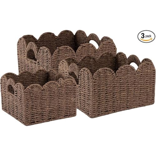 OIAHOMY Scalloped Wicker Baskets, Hand-woven Storage Baskets with Built-in Handles, Paper Rope Shelf Baskets for Organizing and Decoration, Set of 3-Brown