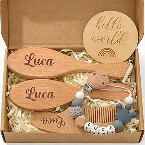 Personalized Wooden Baby Hair Brush and Comb Bristles,Personalized Pacifier Clip with Name Newborn Baby Gift Set