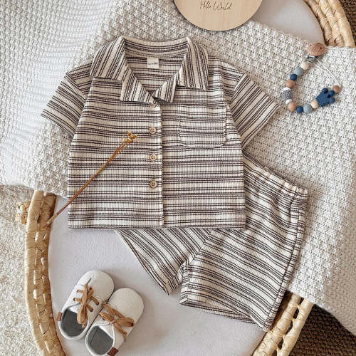 Brown Striped Shirt Shorts Set | RYAN AND REMI