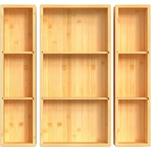 Bamboo Drawer Organizer 12.5'' X 12.5'' X 2'', Adjustable 3 Individual Junk Drawer organizer for Bathroom and Kitchen, Wood Drawer Tea Organier Boxes for Silverware, Make up and Tea Bag