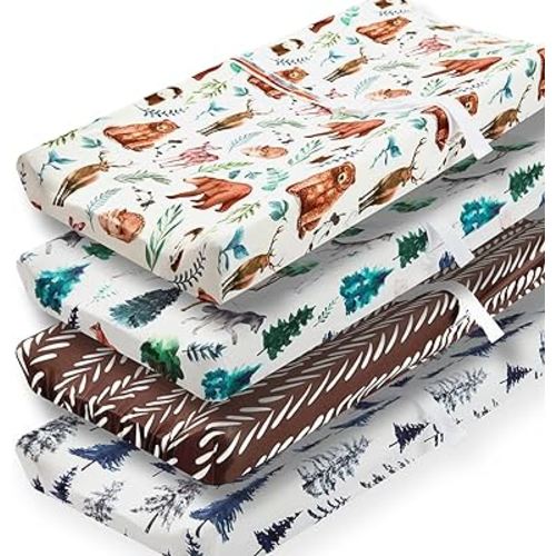 4 Pack Changing Pad Covers Woodland Forest Animals Wood Neutral Unisex Fitted Baby Changing Pad Cover Set for Baby Boys or Girls
