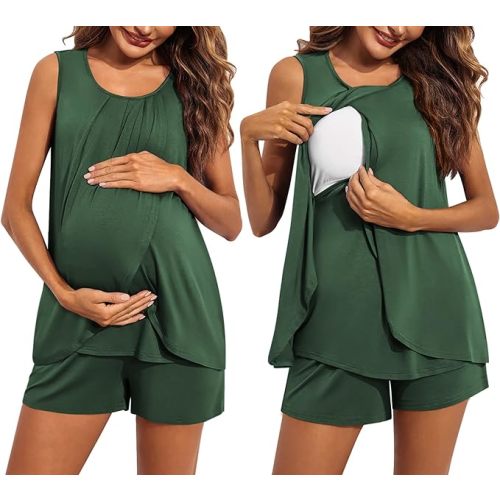 Ekouaer Women Maternity Nursing Pajama Set Breastfeeding Sleepwear Double Layer Sleeveless Top & Shorts Pregnancy PJS