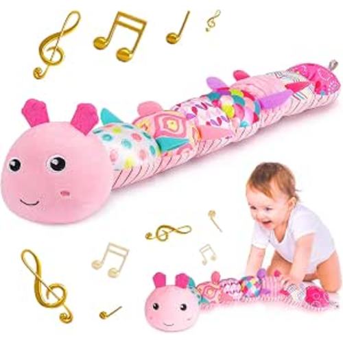 Infant Baby Musical Stuffed Animal Activity Soft Toys with Multi-Sensory Crinkle, Rattle and Textures, for Tummy Time Newborn 0-3-6-12 Months Girls, Caterpillar, Pink