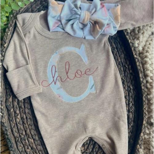 Personalized Baby Girl Outfit | Mocha Brown Romper Floral Initial – Wonderfully Made
